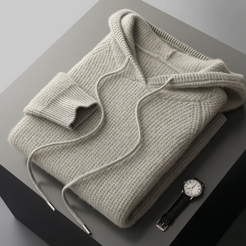Suéter de cachemira pura 100% de gofre grueso, prendas de punto con capucha para hombre, sudadera holgada con manga raglán, suéter versátil