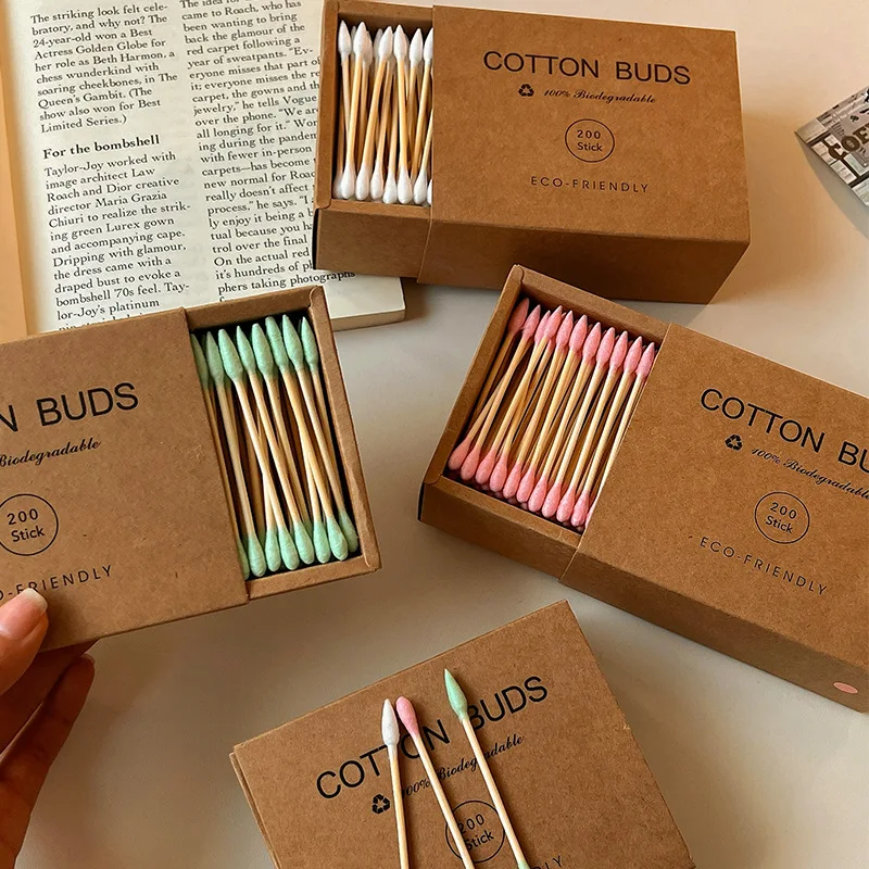 200 Stück/Box Doppelköpfige Bambus-Wattestäbchen – Umweltfreundliche Make-up-Entferner- und Ohrenreinigungsstäbchen in Leder-Papierbox