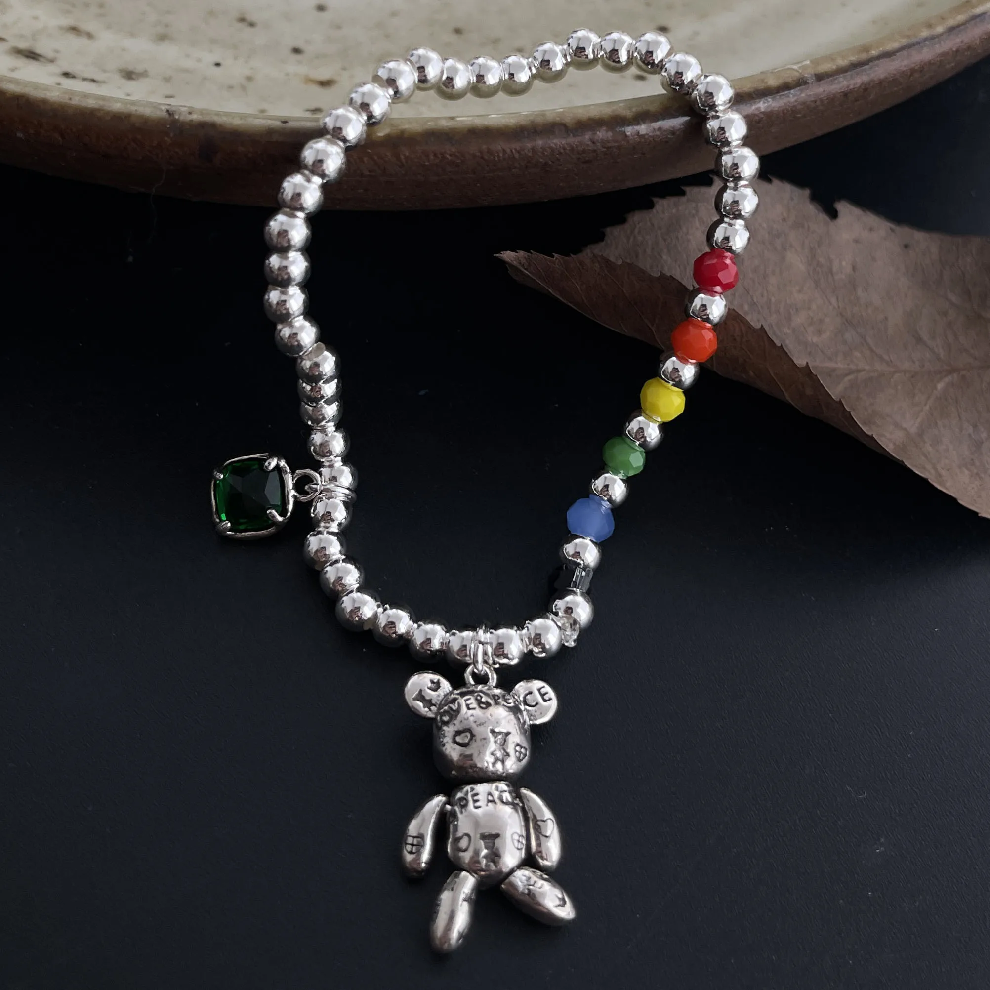 925 Sterling Silver Bracelets for Women Men String Accessories Trend Vintage Green Stone Beads Pendant Party Jewelry Gift