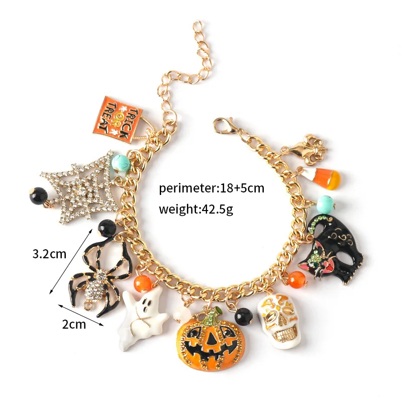 Novo halloween incrustado zircão abóbora fantasma gato preto esqueleto pingente pulseira para mulheres homens hip hop punk jóias presentes