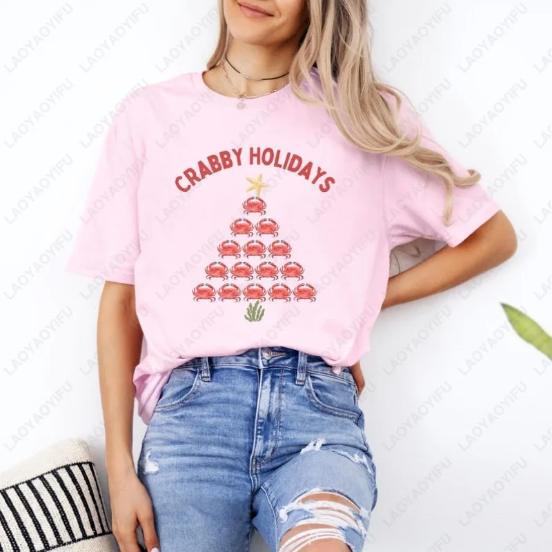 مضحك عيد الميلاد شجرة السلطعون الرجال النساء القطن التي شيرت المحيط الحياة عيد الميلاد الجمالية الشاطئ تيز العطلات البحرية عالم الأحياء عيد الميلاد القمم #2