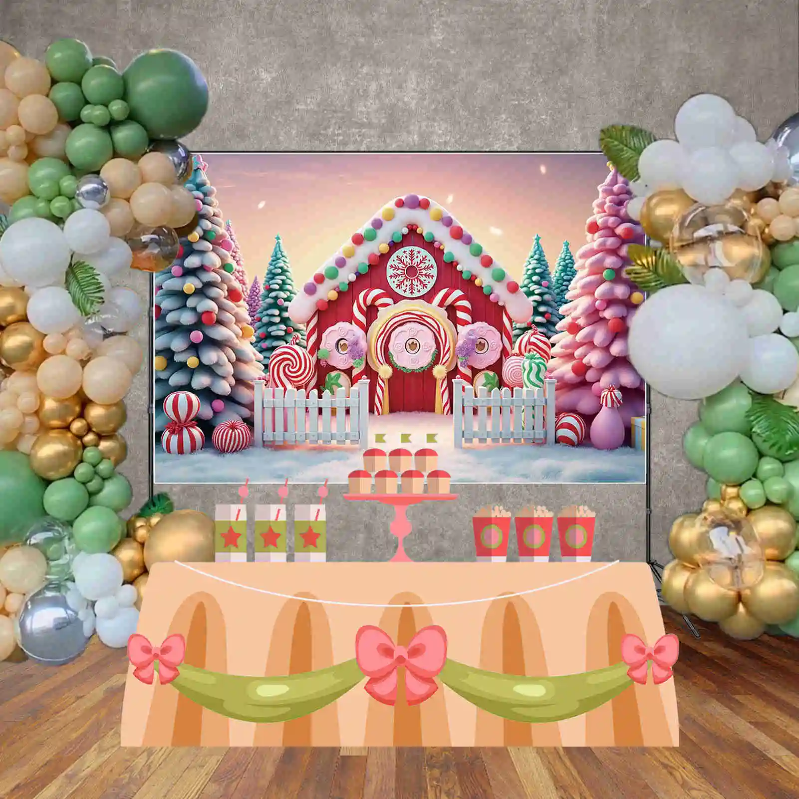 MOON.QG 2024 Christmas Gingerbread Houses Background Photography New Year Pine Tree Photocall Backdrop Child Studio Accessories