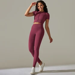 Ribbed Yoga Clothing Sets Women High Waist Leggings And zippers Short Sleeve Top Set Seamless Tracksuit Fitness Workout Outfits