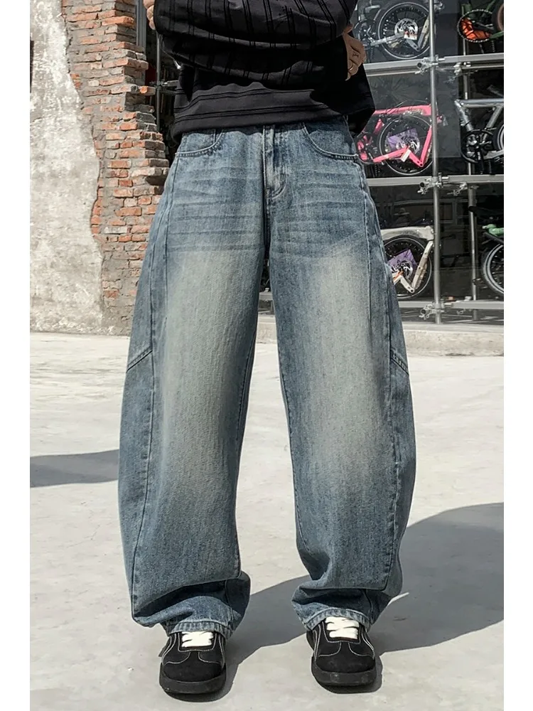 

Casual Men's Vintage Jeans 2025 Autumn New Loose Fashion Harajuku Spliced Straight Wide Legs Denim Trousers Male Streetwear