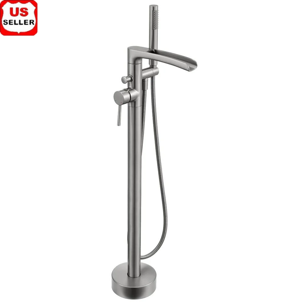 Floor Mount Brushed Nickel Brass Tub Filler Faucet with Hand Shower 360° Swivel Spout Single Handle Stable Base Sedal Ceramic