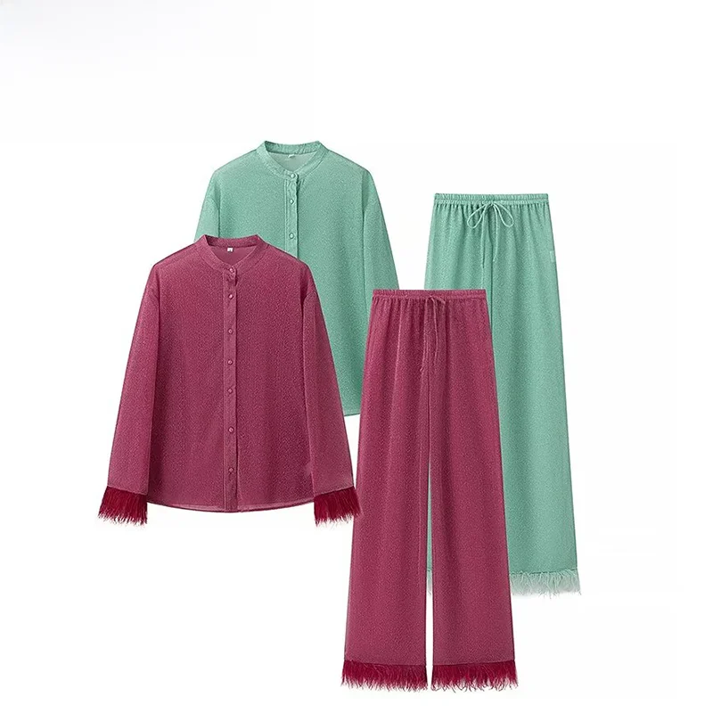 

ZBZA Autumn New Sle Women's Faion Set with Long Sve Ostrich Feather Design Long Pants Polyester Fiber High Faion