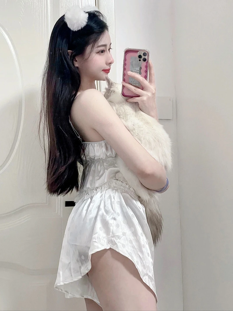 

Summer New Sleepwear Set Lace Strap Shorts White Home Clothes Two-Piece Set Sweet Spicy Sexy Pure Desire V-Neck Sleeveless