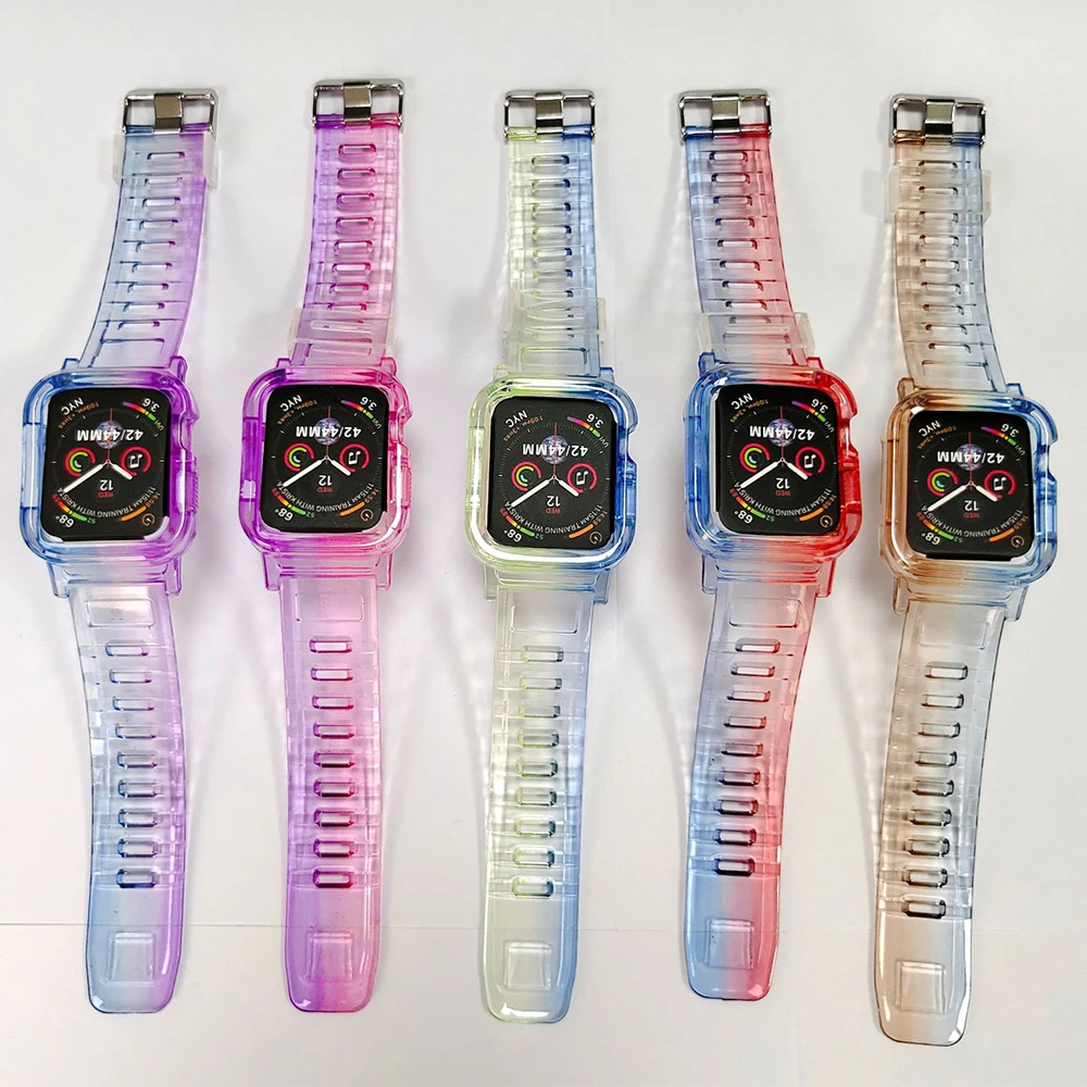 Case+Strap for Apple Watch 45mm 41mm 44mm 40mm Gradient All-in-One Watch Case for iWatch Series 8 7 6 5 4 3 SE Glacier Wristband