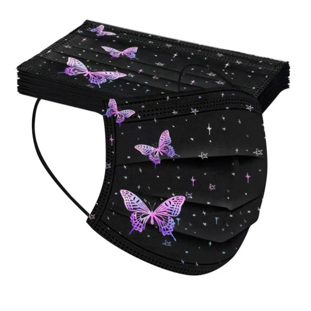 

10 шт. одноразовых масок для лица с красочным принтом бабочек, черные, трехслойные, противопылевые, из нетканого материала, безопасные для кожи.