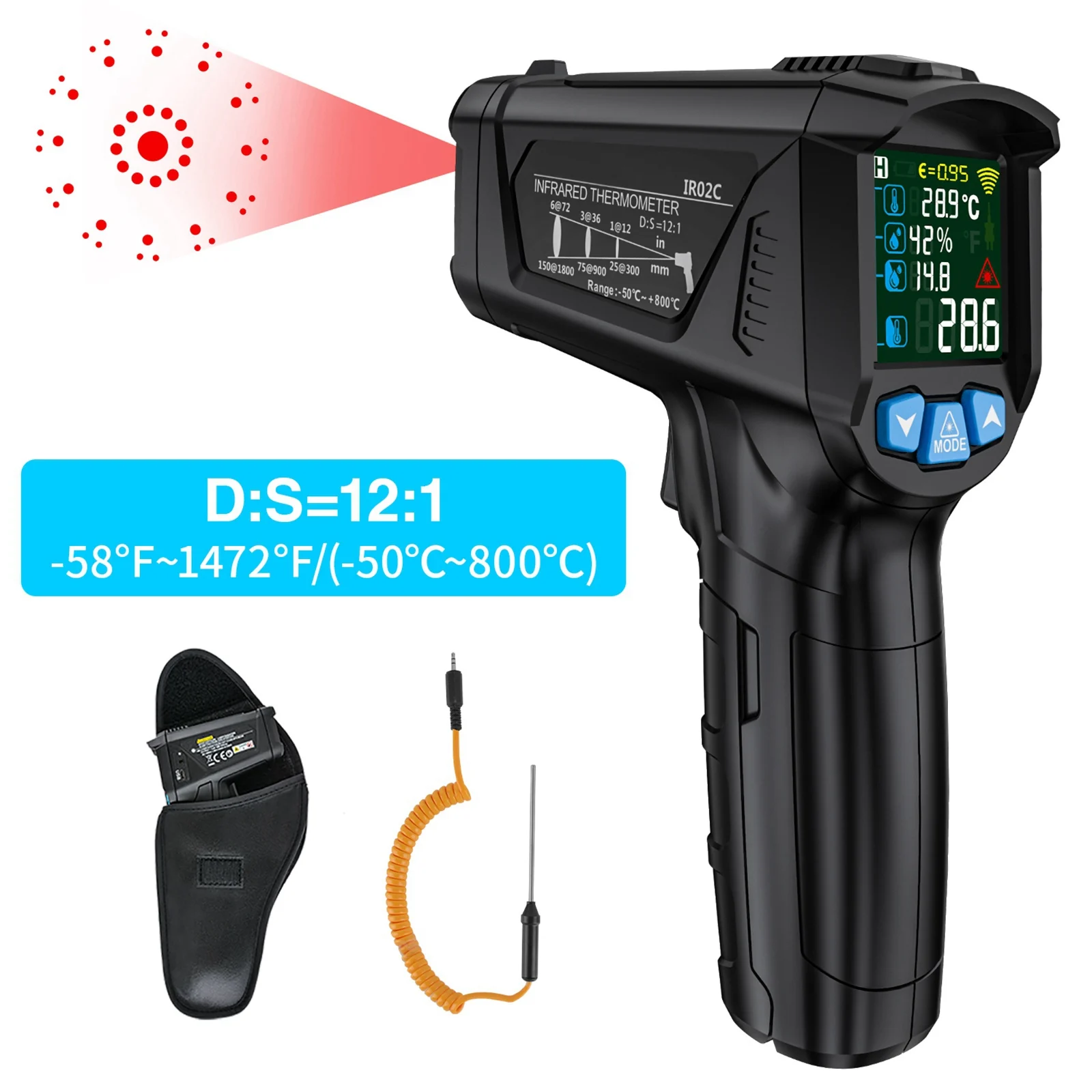 

-50~800 Degree Temperature Test Gun Humidity Air Conditioning Thermometer Tool Non Contact Digital Infrared Thermometer