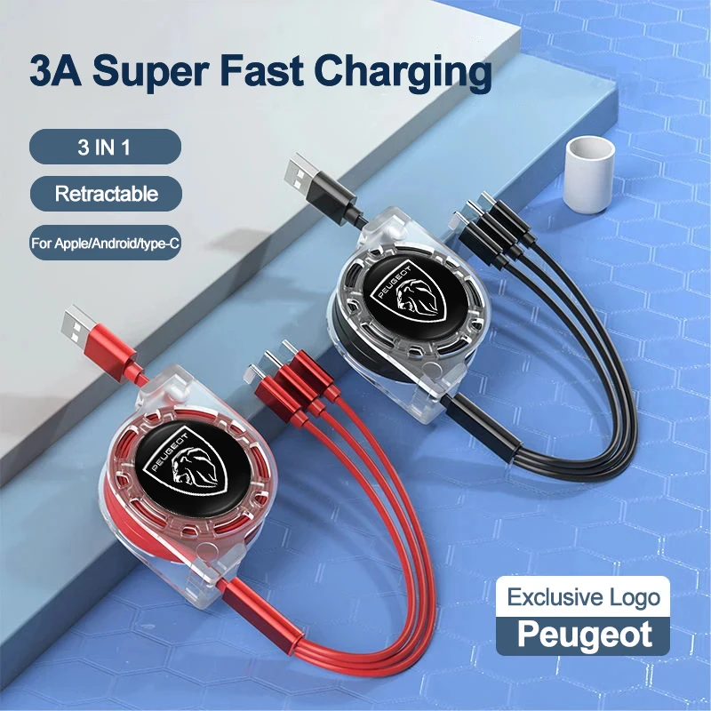 3 In 1 Retractable Data Cable USB Type-C Car Charger Head Auto Accessories For Peugeot 208 3008 308 2008106 406 407 301 408 5008