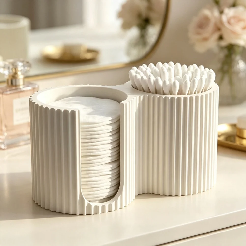 Minimalist Striped Cosmetic Storage Box 2-in-1 Cotton Swab Holder Bathroom Countertop Organizer Vanity Decor For Bedroom Dresser