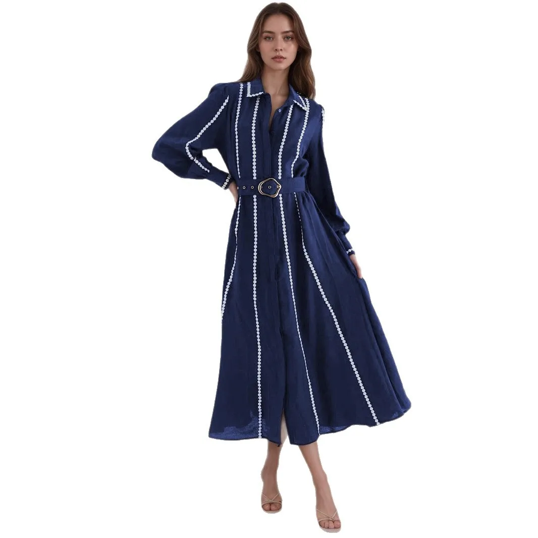 2025 Autumn New Collection Waist Skirt Shirt Collar Long Sleeve Shirt Metal Buckle Strap Dress