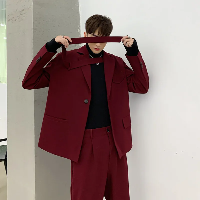 IEFB Niche Men\'s Clothing Red Irregular Tie fit Blazers Loose Jacket + Casual Suit Pants 2023 Autumn New Set 9Y52703