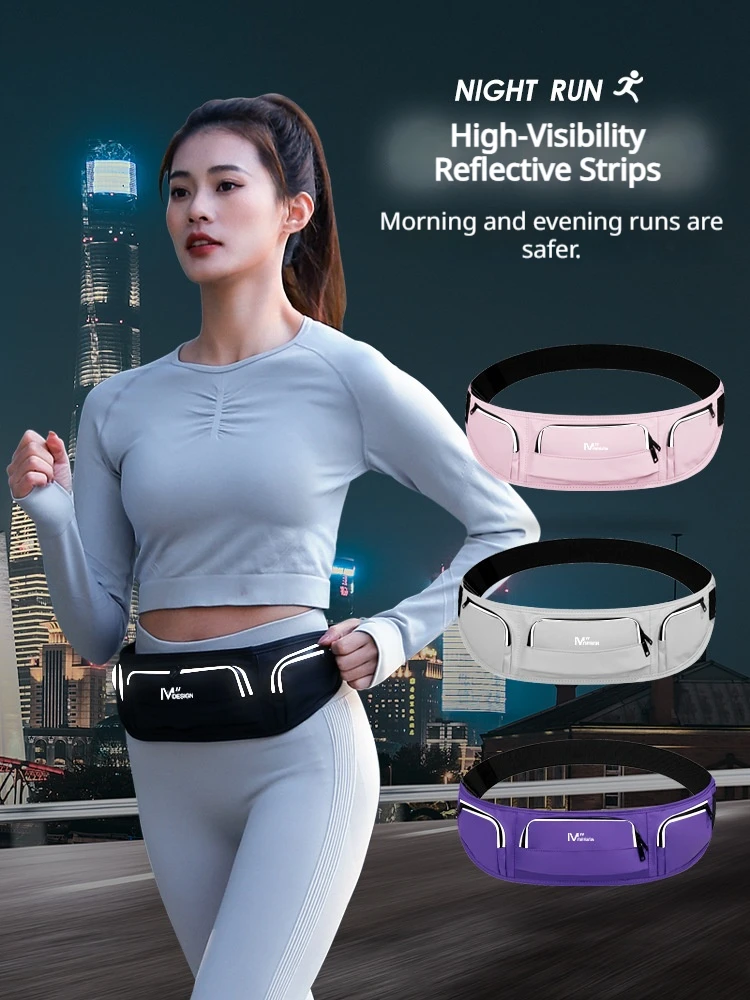 Multi pocket running phone storage waist bag with strong reflective stripes, waterproof multifunctional sports belt bag unisex