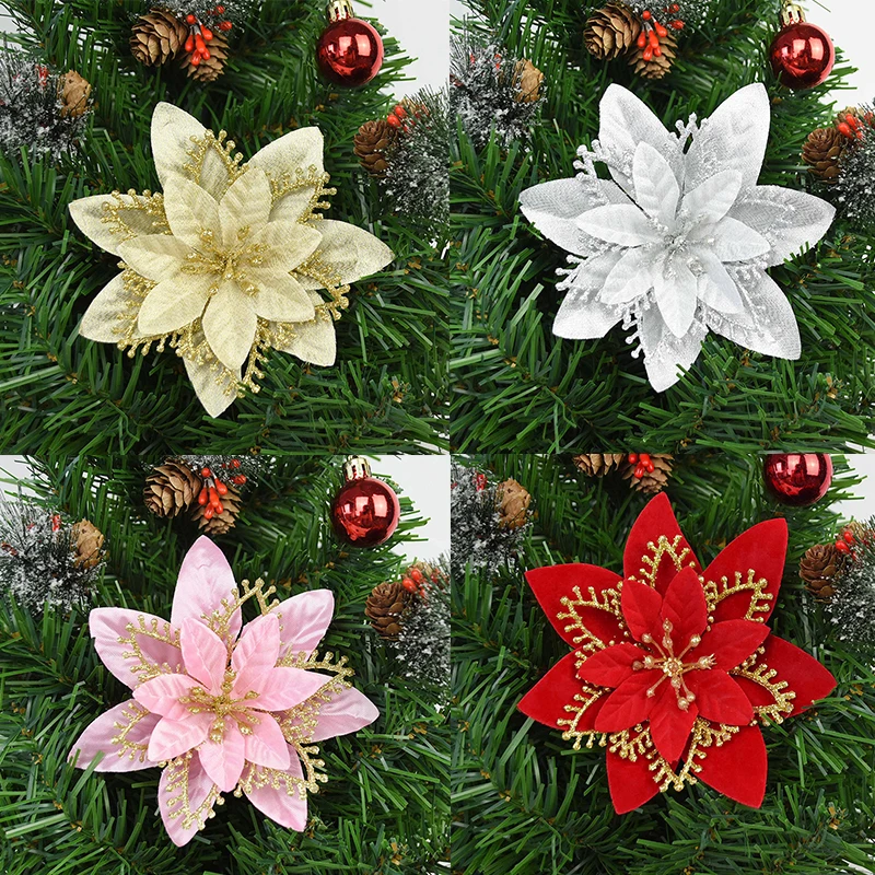 5pcs 13cm Gold Silver Artificial Christmas Flowers Glitter Silk Flower Head For Christmas Tree Ornament DIY Wedding Party Decor