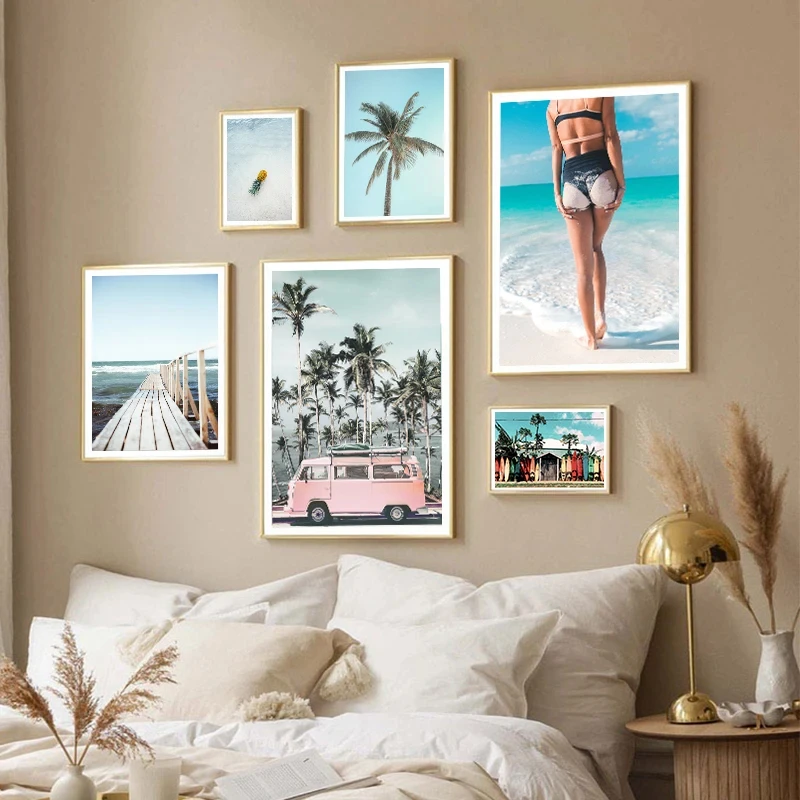 Летний морской пейзаж, красота, пальма, доска для серфинга, скандинавский плакат, украшение ландшафта, живопись, холст, искусство, Настенная картина, HD печать