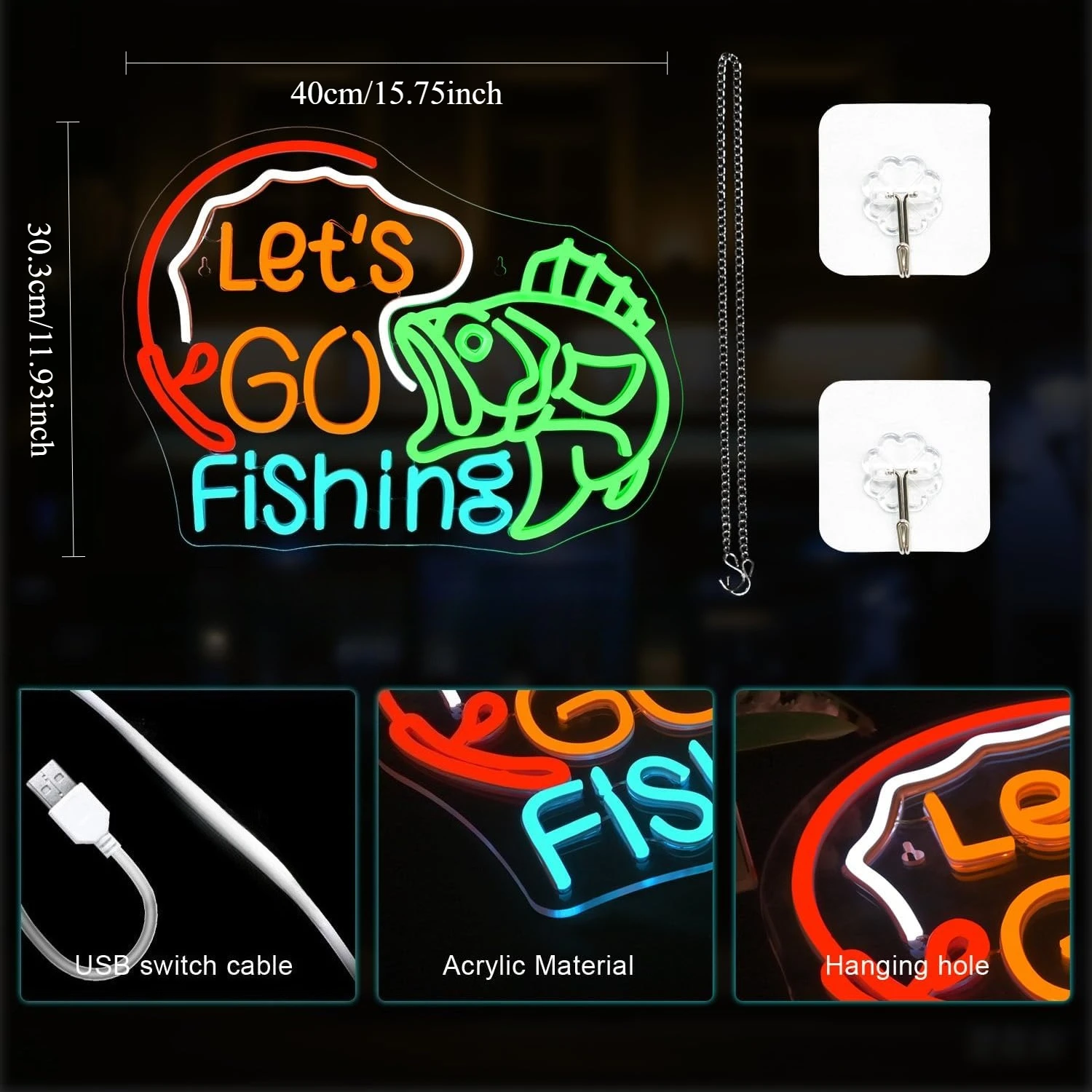 Lucunstar دعونا نذهب الصيد النيون جدار ديكور LED عكس الضوء ضوء النيون لصيد الأسماك نادي ديكور المنزل هدية حصرية للصيادين