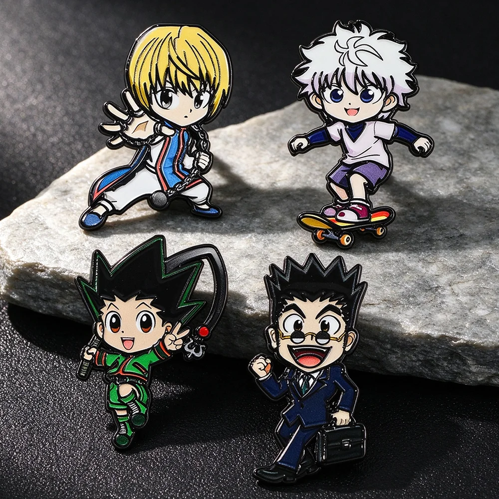 4Pcs Hunter Anime Chibi Character Enamel Pins Set, Cute Manga Cartoon Metal Lapel Brooches Anime Character Badges Friends Gift