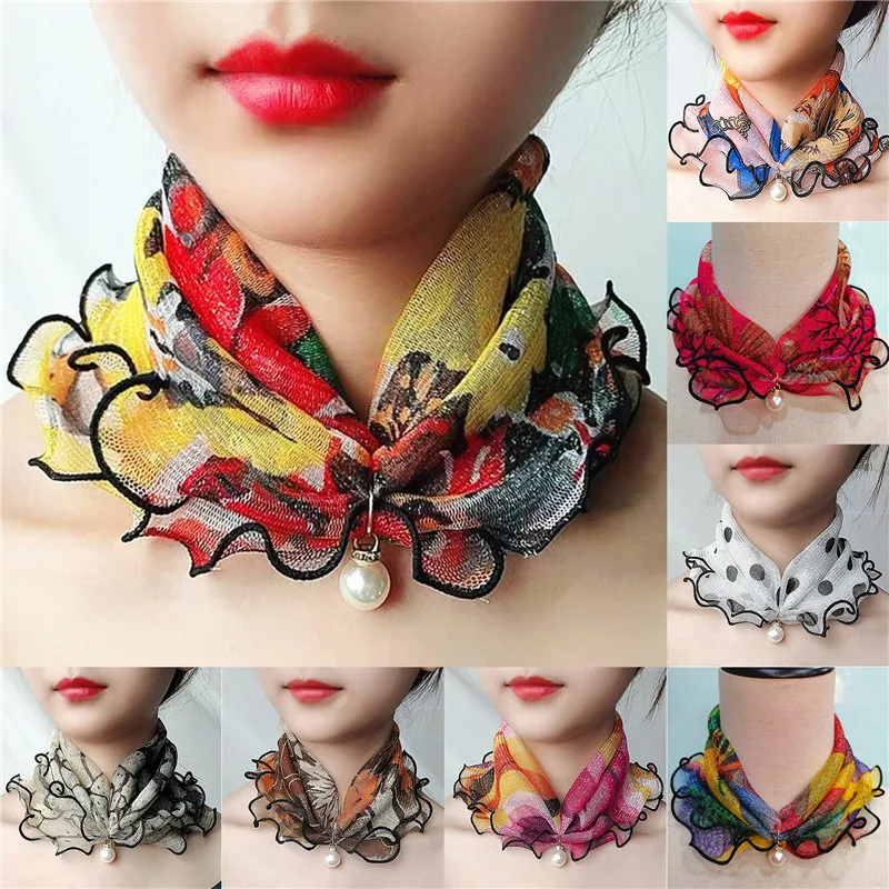 Fake Pearl Pendant Ruffle Lace Scarf Organza Neck Collar Chiffon Scarves Print Shiny Scarf Multi-functional Elastic Neck Wrap