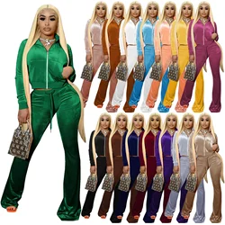 Velvet Tracksuit Women Outfit Custom 2 Piece Solid Color Cropped Navel Flared Sexy Pants Suit Two Piece Set For Women