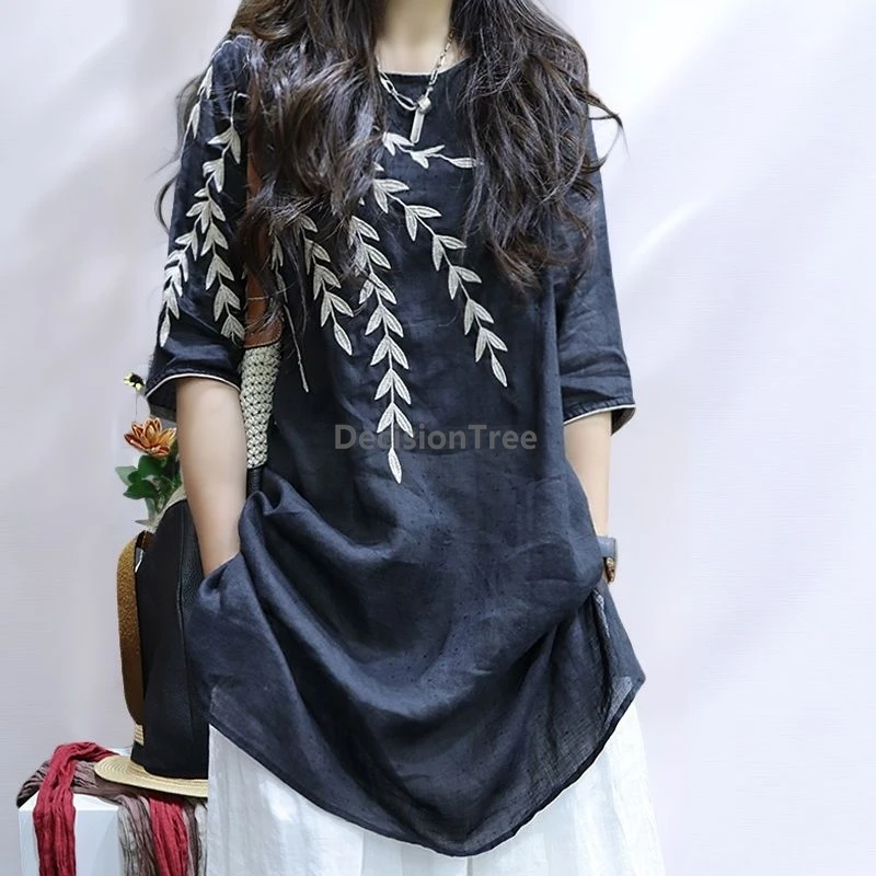 

2025 Chinese style cotton and linen summer women's top chic printing retro literature art blouse leisure loose daily tea garment