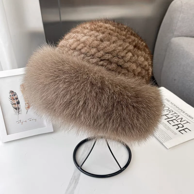 

Вязаная подкладка, зимняя теплая модная шапка для девочек, вязаная роскошная шапка из натурального меха норки