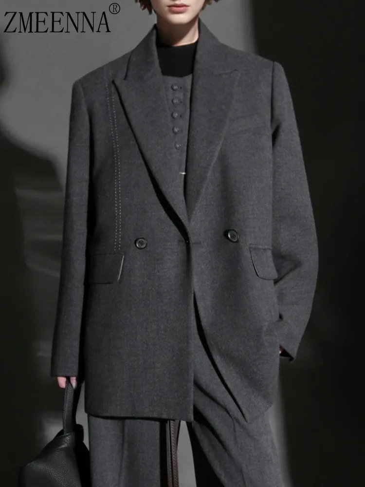 

ZMEENNA женский двубортный пиджак из смесовой шерсти, пальто с длинными рукавами, повседневная верхняя одежда с лацканами и вырезом, серый ZM4341