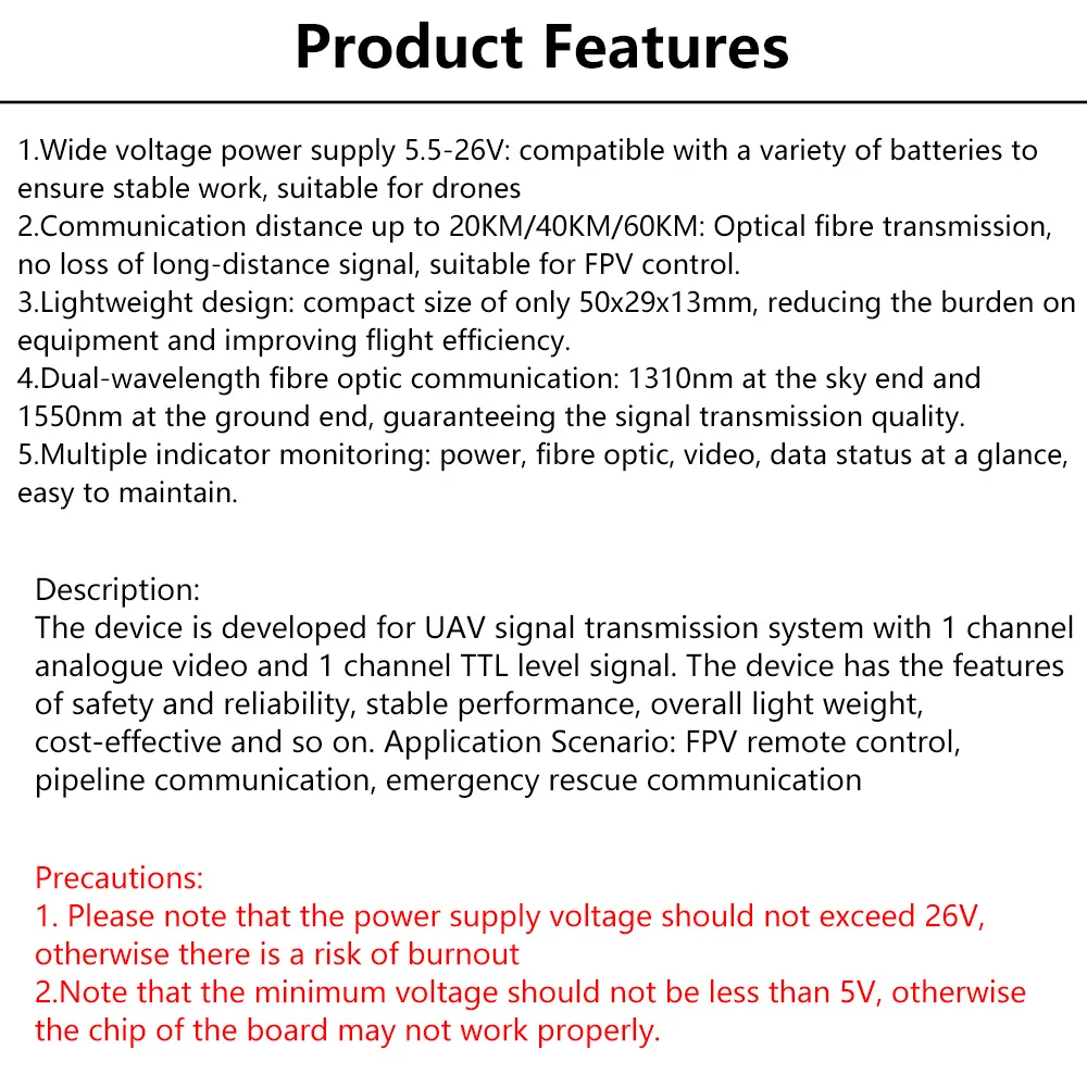 TTL Optical Transceiver Module for Drones DC 5.5-26V Fiber Optic Communication Up to 20/40/60KM Lightweight Design FPV Control