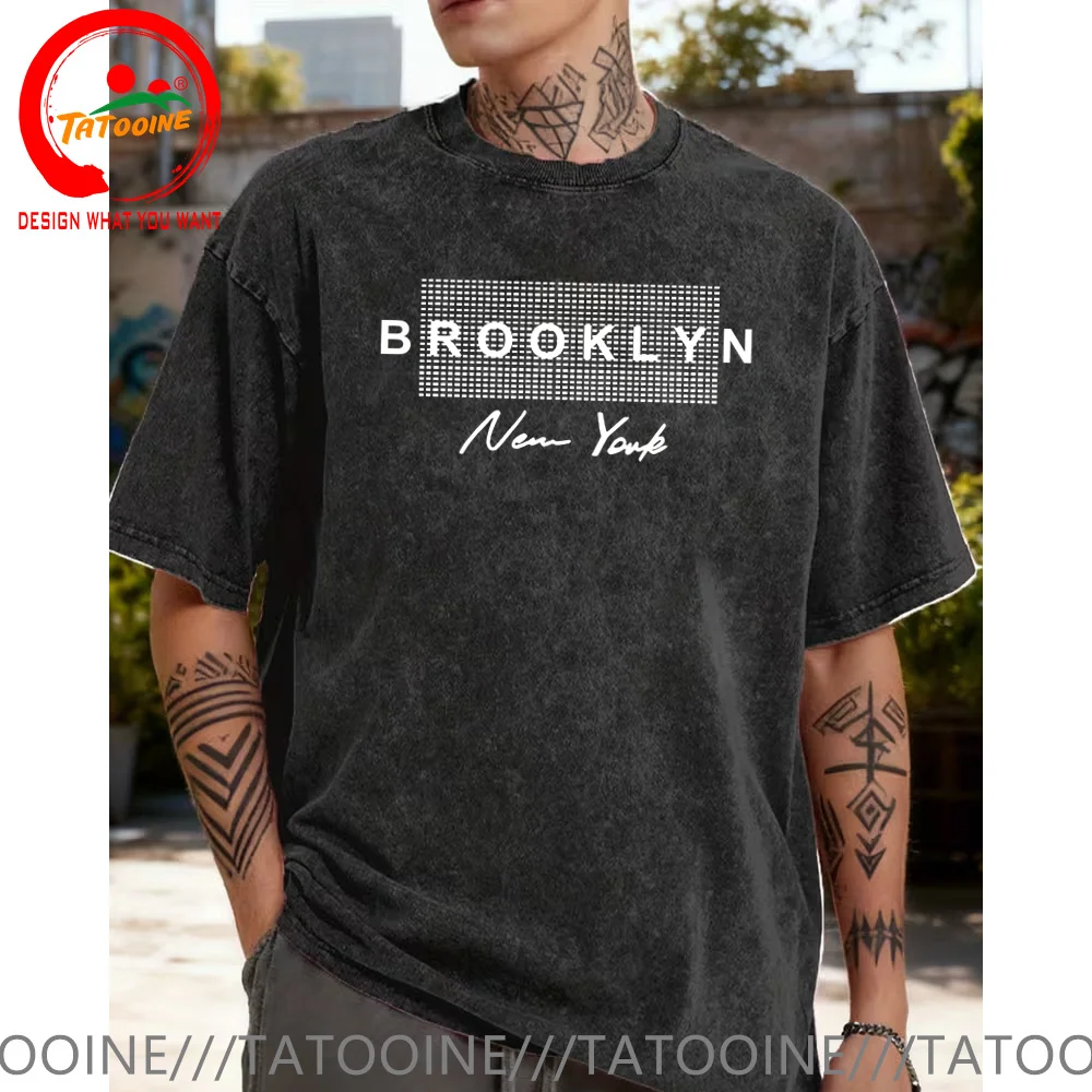 

Vintage Washed Cotton T-Shirt Brooklyn New York T Shirt Men Fashion Trendy Casual Clothes Summer tshirt HipHop Street Tee Shirt