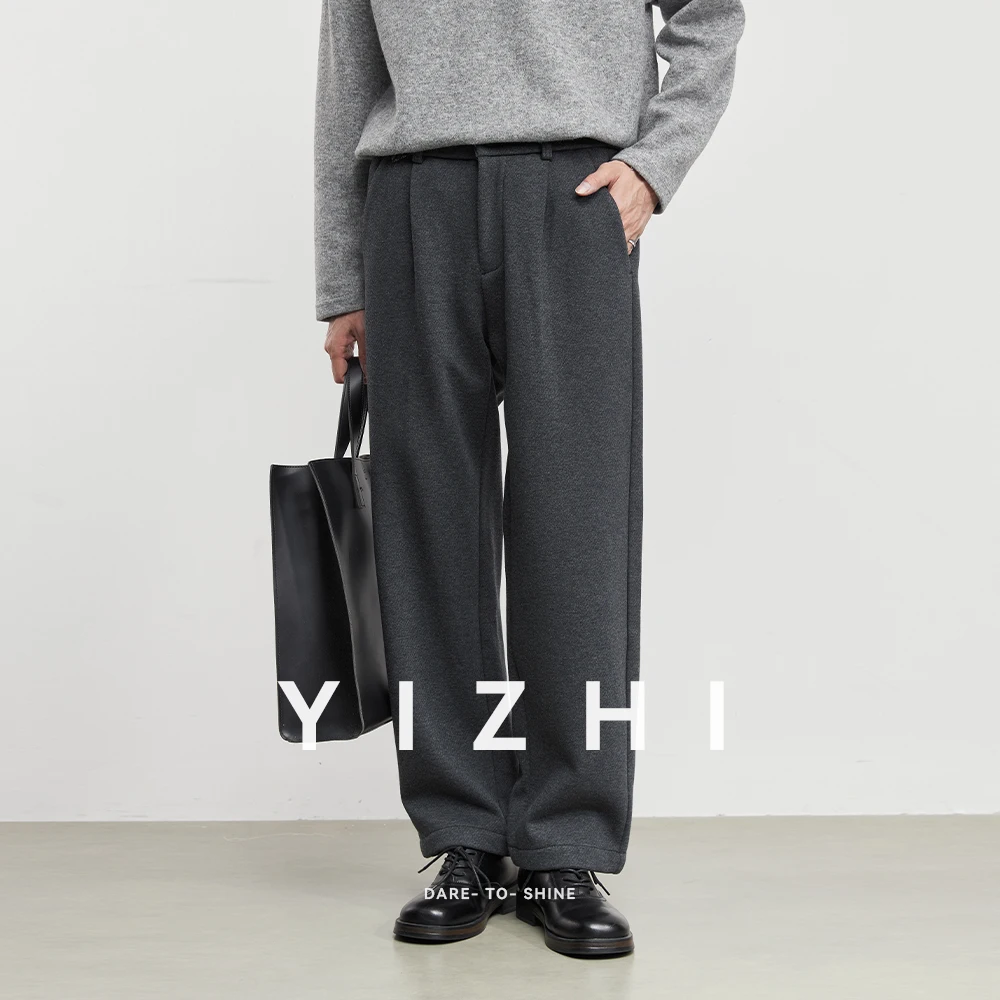 

Fashion Men's Casual Wide-Leg Trousers 2025 Autumn Winter Button Design Fleece Lined Blend Loose Casual Straight Leg Trousers