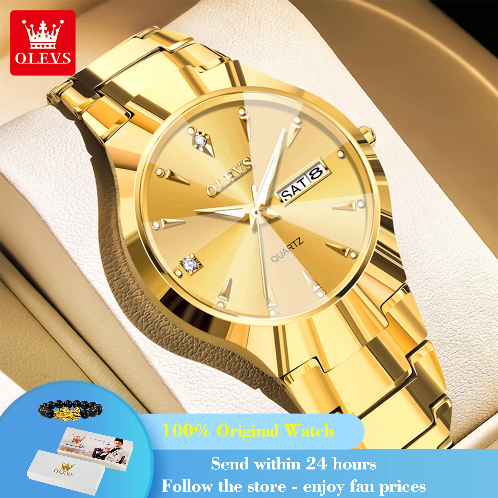 

OLEVS 8697 Man Watch Classic Business Quartz Watch For Men Tungsten Steel Strap Dual Calendar Luxury Wristwatch Rhombus Mirror
