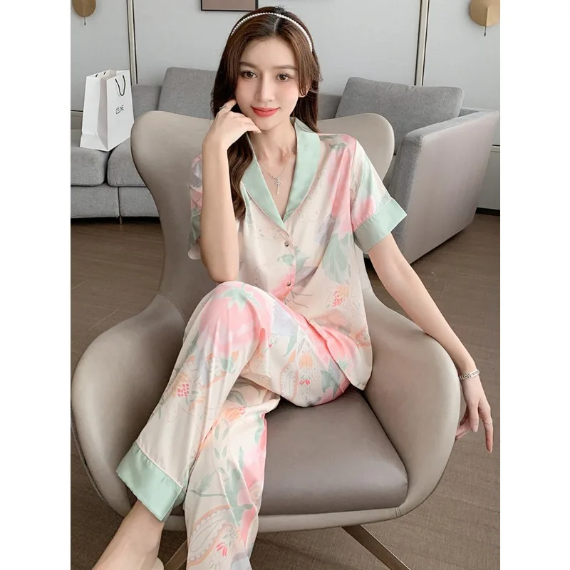 Spring Summer Satin Silk Pajamas for Women Short Sleeves Long Pants Thin Two Piece Woman New Lapel Pijamas Casual Sleepwear