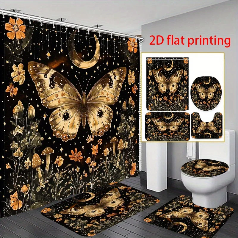 

4pcs 2D Flat Printing Shower Curtain Bathroom Set Butterfly in a Starlit Garden Amazing Gifts, Is a Beautiful Gift for Family