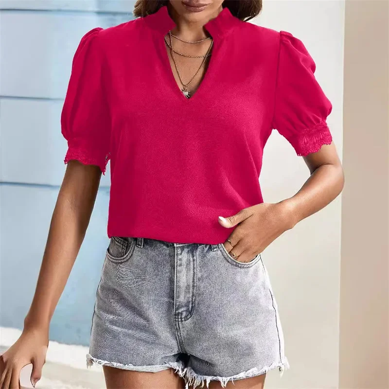 Elegant Lace Splicing Lantern Short Sleeve Shirt Women Solid Color V Neck Pullover Blouse Female Comfortable Commuter Casual Top