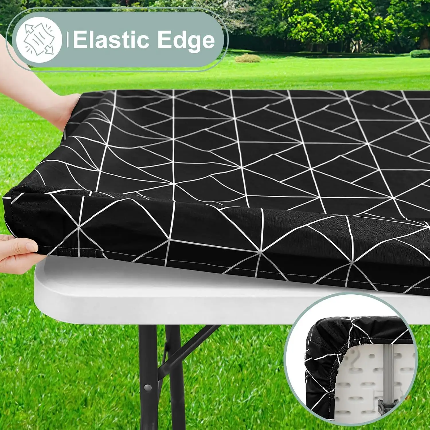Rectangle Fitted Polyster Table Cloth, Elastic Tablecloth, Table Cover Fits 8 Foot Folding Tables for Outdoor Picnic Camping