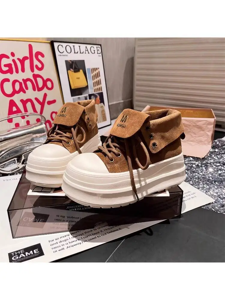 

2025 Autumn Canvas Shoes New Women's Short Boots Convertible Collar Lace Up Platform Cookie Shoes High Top Casual Footwear