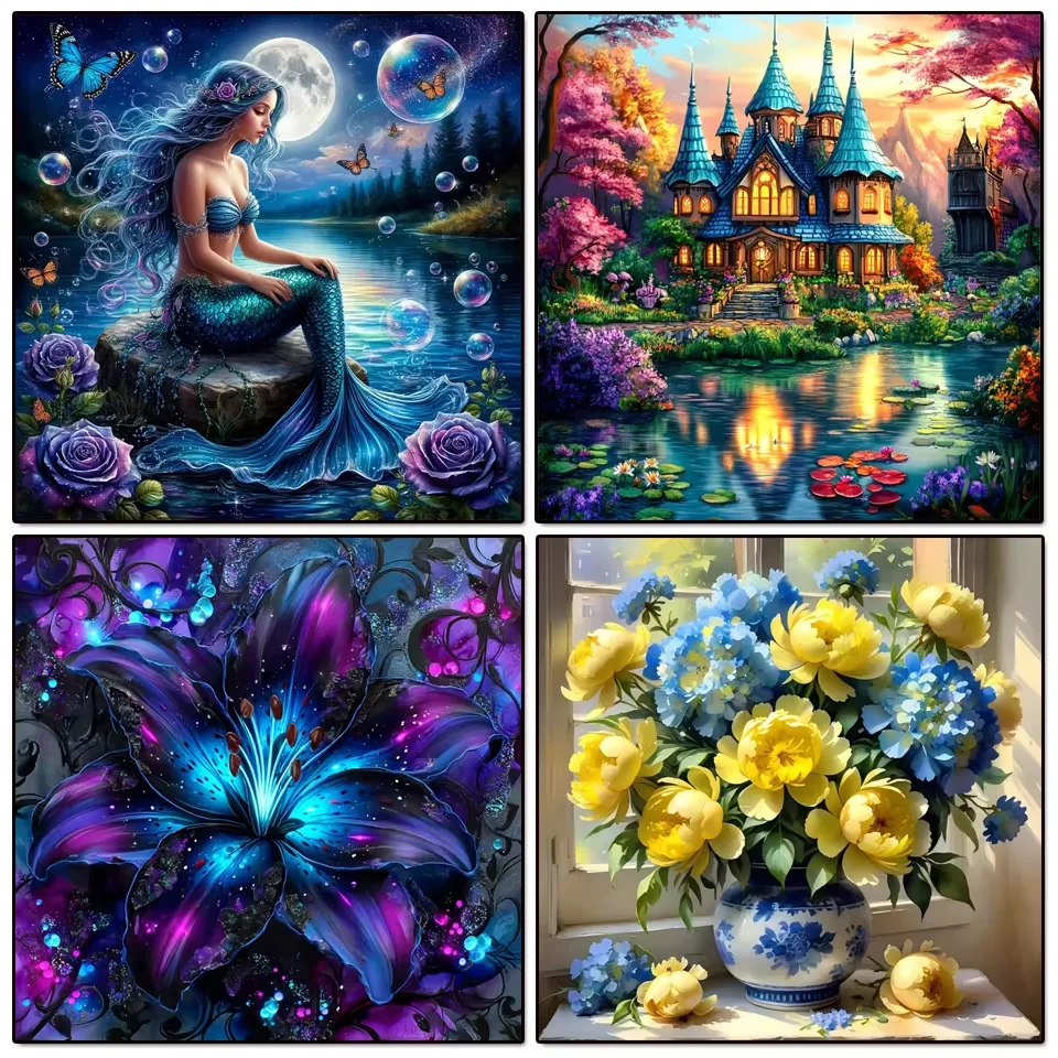 DIY Diamond Painting Fantasy Art Set Full Drill DIY Diamond Art Kits Mermaid Castle Flower Mosaic Embroidery Home Wall Decor Gif