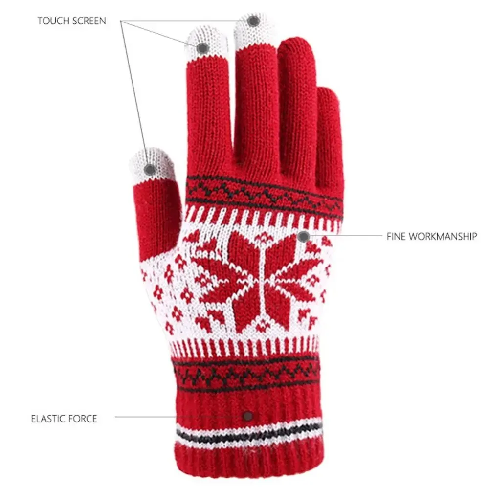 Warm Knitted Snowflake Winter Knitted Gloves Touch Screen Thickened Full Finger Mittens Skiing Gloves Winter