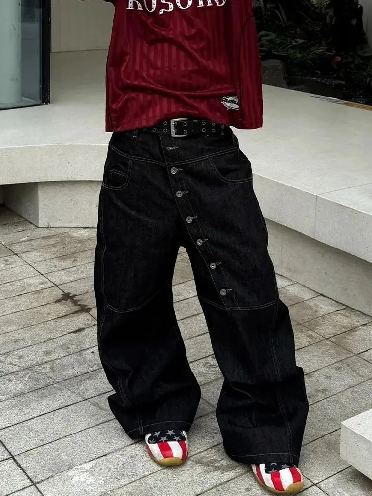 

Women’s Button-front Curved Wide-leg Jeans High Waist Hip Hop Straight Baggy Denim Pants Female Vintage Street Style Trouser