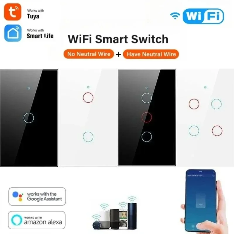 

Умный настенный сенсорный выключатель Tuya Wi-Fi на 1/2/3/4 кнопки, стандарт США 120/118, совместим с голосовым управлением Alexa и Google Home