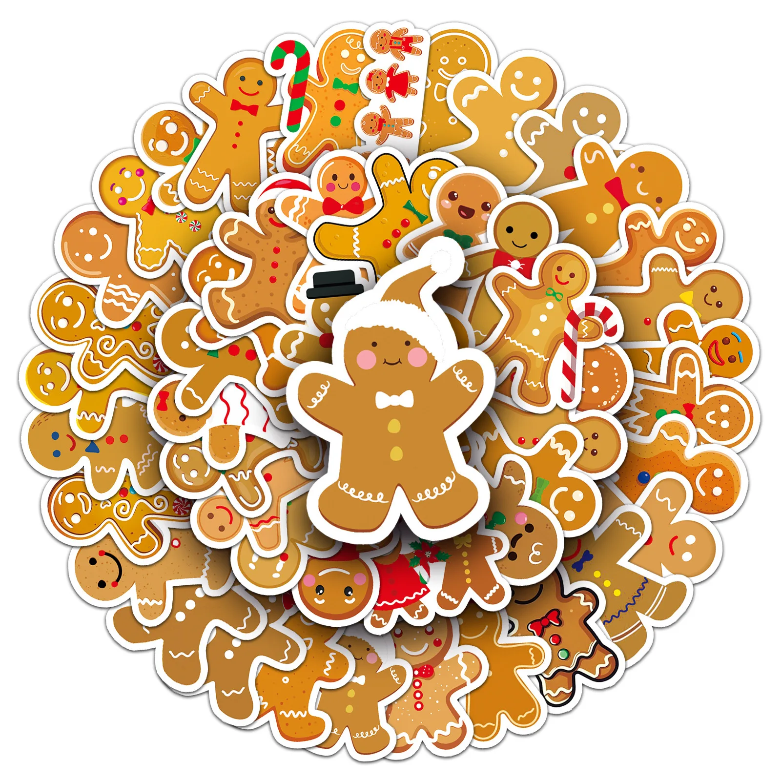 50 galletas decorativas navideñas de hombre de jengibre, pegatinas impermeables de dibujos animados, etiquetas adhesivas para equipaje, adecuadas para mochilas