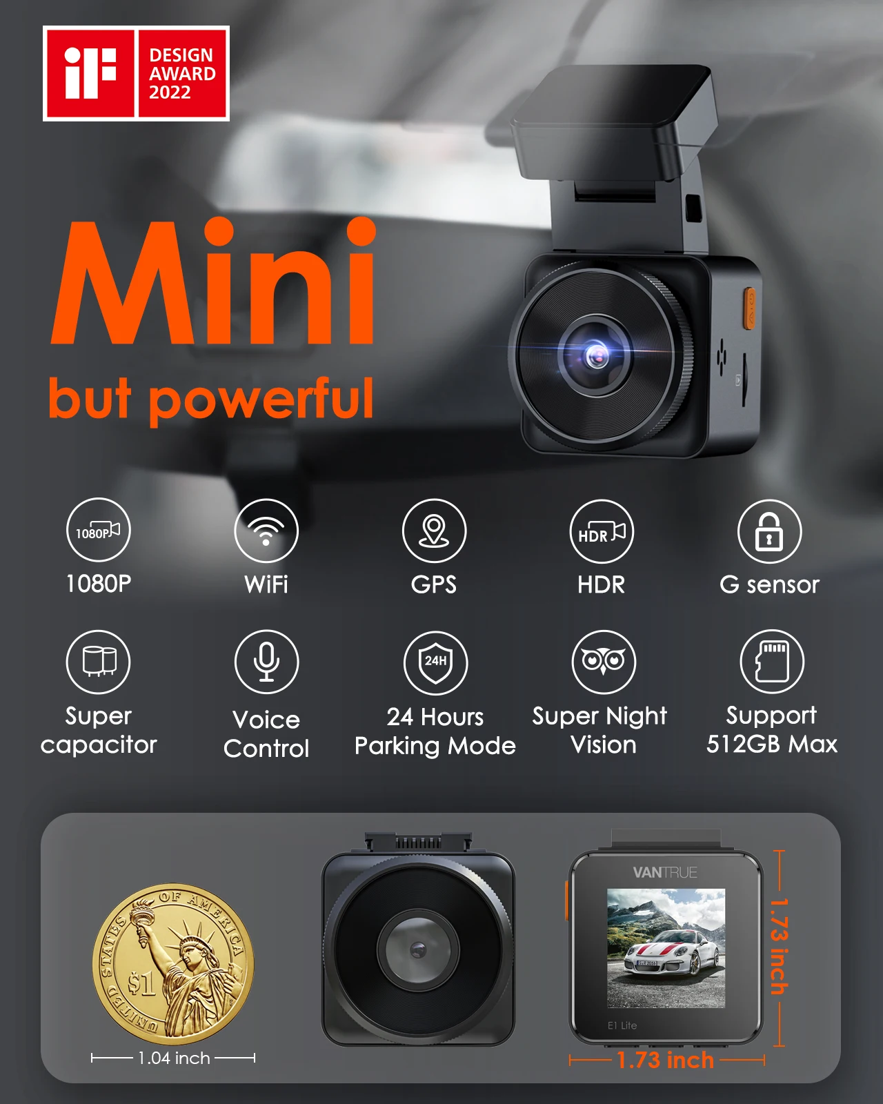 Vantrue E1 Lite 1080P WiFi Mini Dash Cam with GPS and Speed, Free APP, Voice Control Dash Camera, 24h Parking Mode, Night Vision