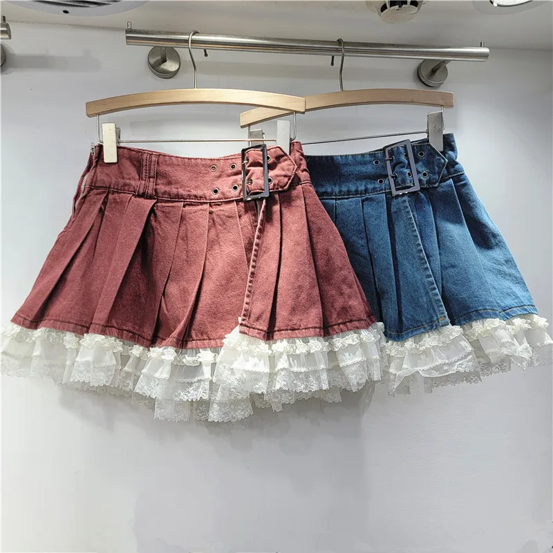 

Sweet Lace Denim Short Skirt Pants Women 2025 Early Spring Small High Waist Spice Girl A-line Fluffy Cake Skirt Girls Ladies