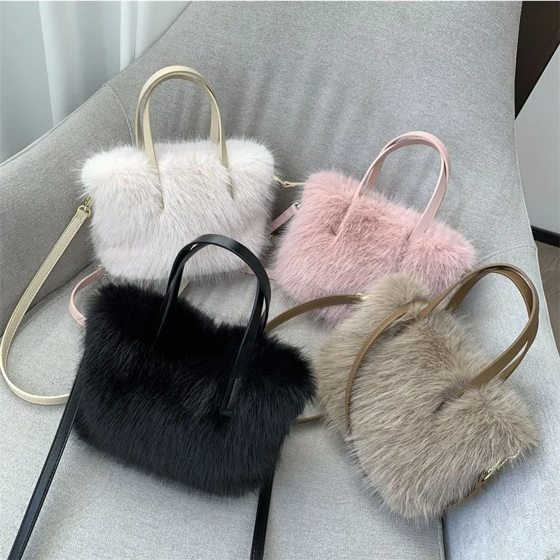 Luxury Design Artificial Natural Fur Women's Tote Bag Winter Soft Fluffy Large Capacity Tote Bag Shopping Bag Long Strap