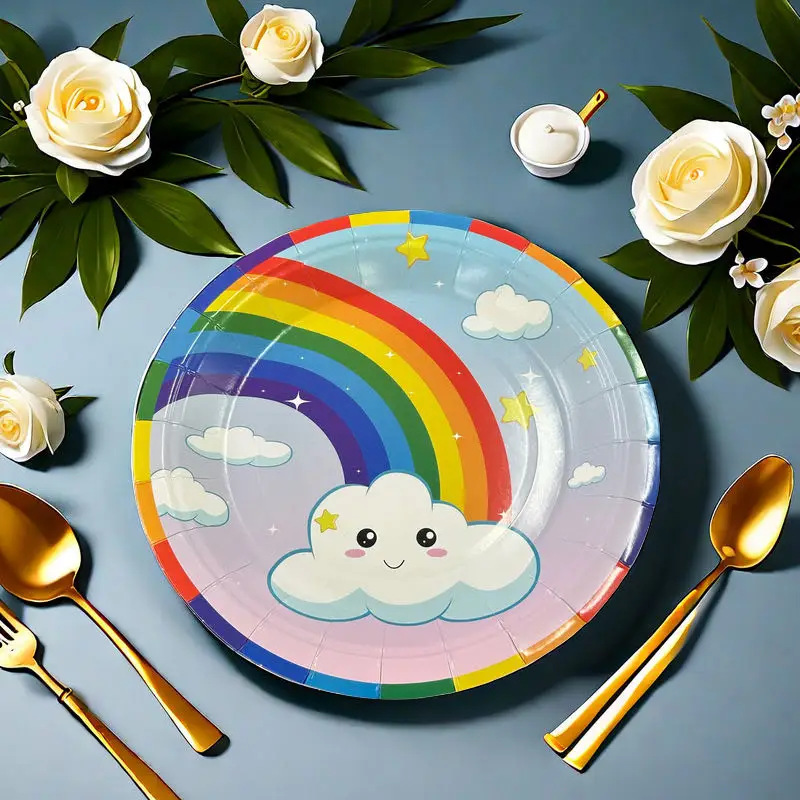 10 Guest Rainbow Cute Paper Plates Napkins Disposable Party Supplies For Kids Cartoon Prints Girl Boy Birthday Baby Shower 2024