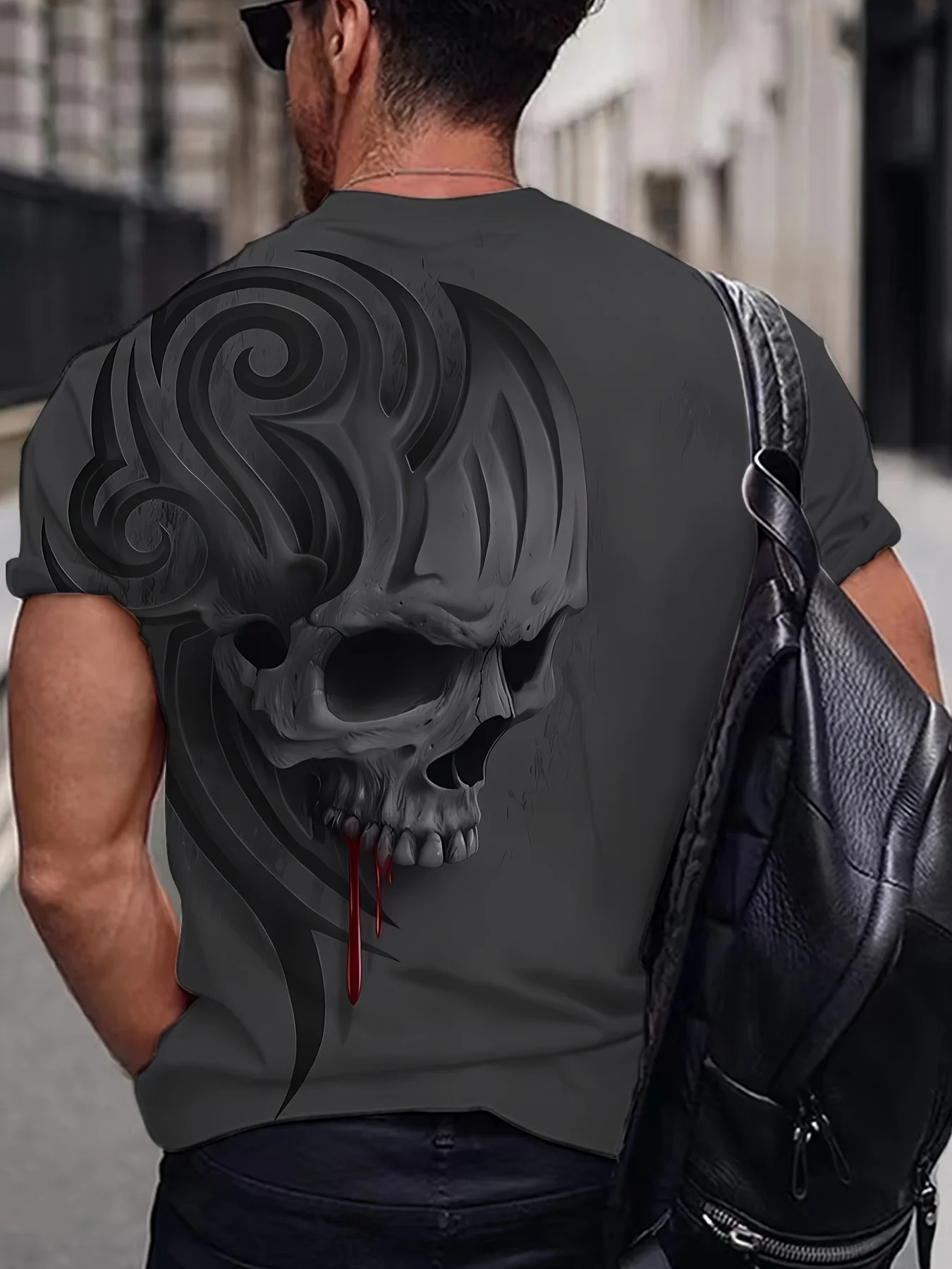 Men 3D Embossed Skull Scroll Pattern Print Short Sleeve T‑Shirt Crew Neck Gothic Street Tees