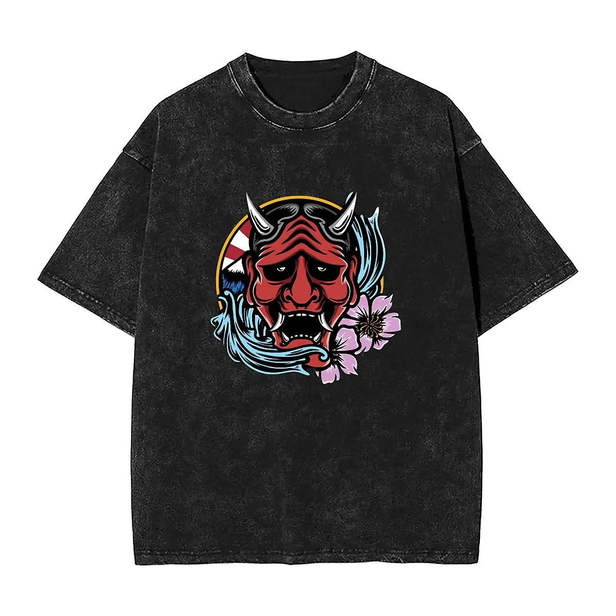 Japanese Hannya Mask Washed T-Shirt Men Demon And Flower Vintage Loose T-Shirts Beach O-Neck Harajuku Tee Shirt Design Clothes