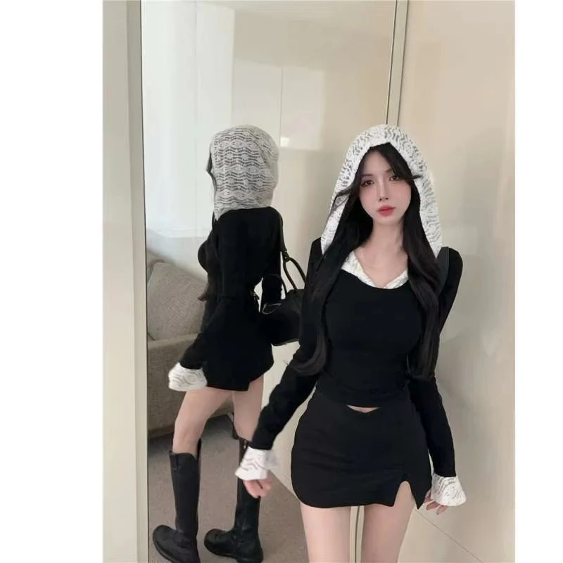 Y2k Spitze Patchwork Mit Kapuze Tops Mujer Lange Ärmeln Schwarz T-shirt Für Frauen 2025, Sommer Mode Neue Slim Fit T-shirt