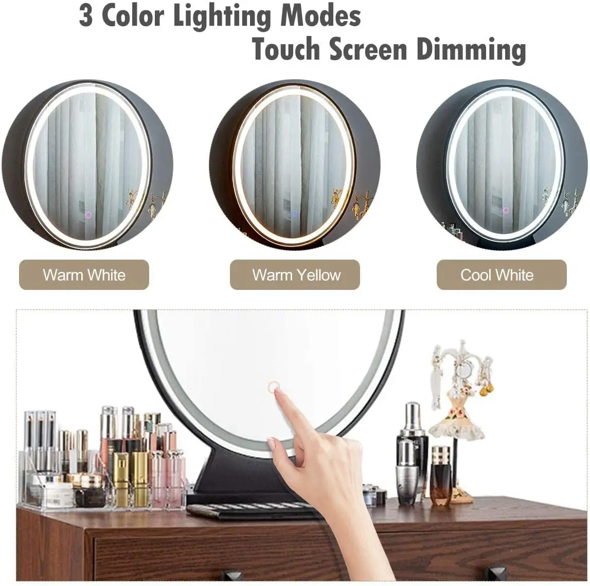 Makeup Vanity Table with Lighted Mirror, 3 Lighting Sets, Adjustable Brightness, 2 Large Drawers, Acrylic Storage Boxes